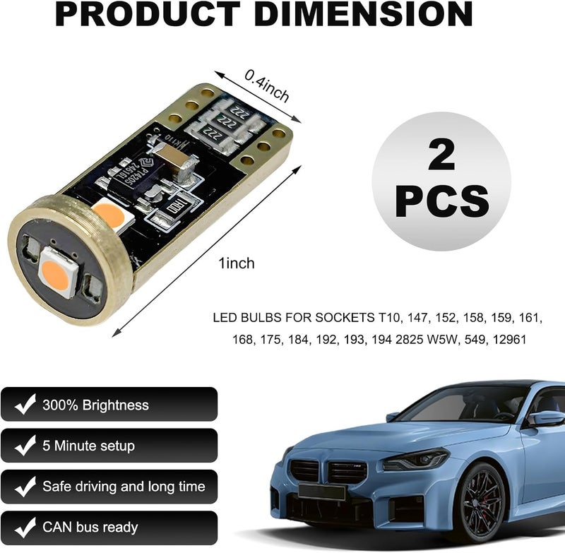 SHMZK لمبة LED 194 2PCS 6000K، خالية من أخطاء CANBUS T10 168 2825 W5W، لمبة LED بديلة، لمبة LED فائقة السطوع لداخل السيارة، ضوء لوحة الترخيص (ذهبي) - Image 2